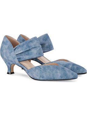 Women's Jean Blue Low Kitten Heel Pointed Toe Slip On Ankle Strap Shoes